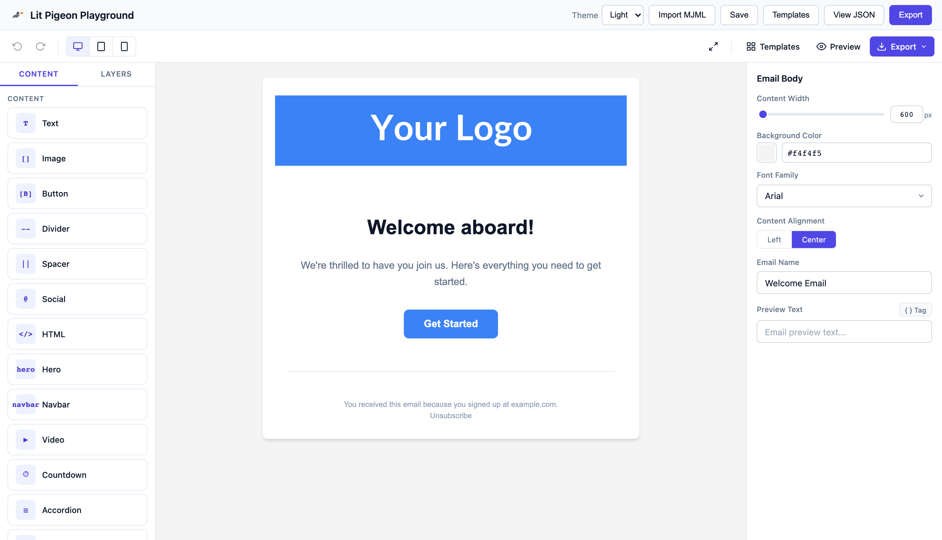 The Lit Pigeon visual email editor: block palette, live email canvas, and properties panel